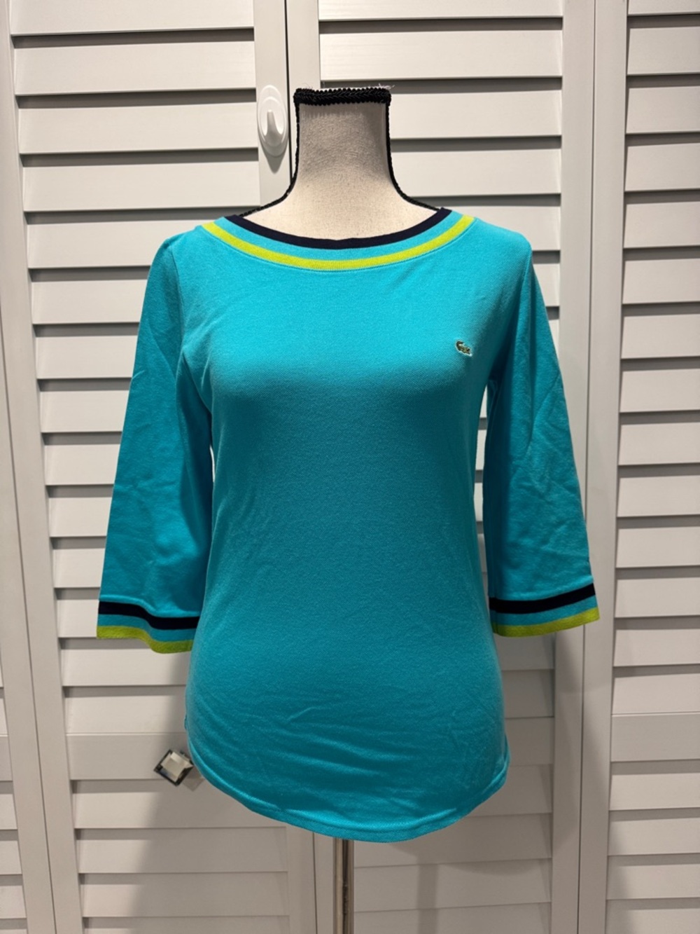 Lacoste Teal Scoop Neck Short Sleeve Knit Top with Contrast Trim